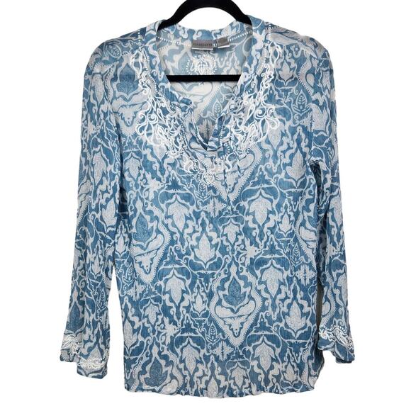 Chico's Blouse Womens Size 1 US M/8 Blue White Silk Embroidery Trim Sheer - Picture 3 of 11